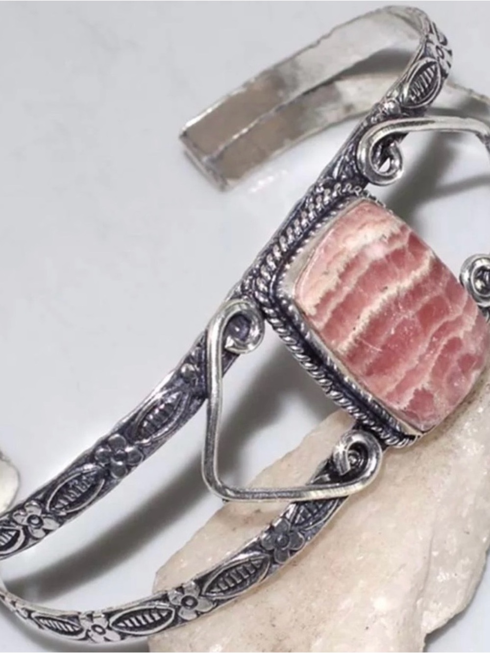 Pink Rhodochrosite Sterling Silver Style Ornate Cuff Bracelet - Picture 10 of 13